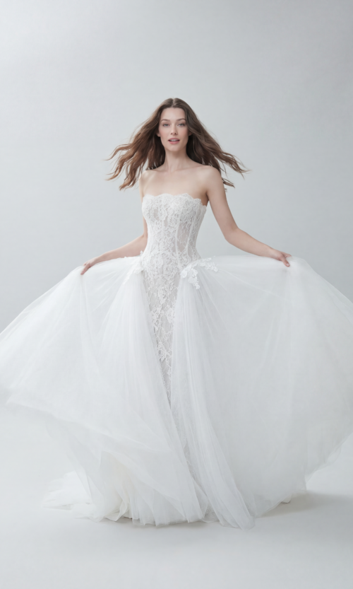 Strapless Lace Corset Ballgown with Tulle Skirt & Bow Details