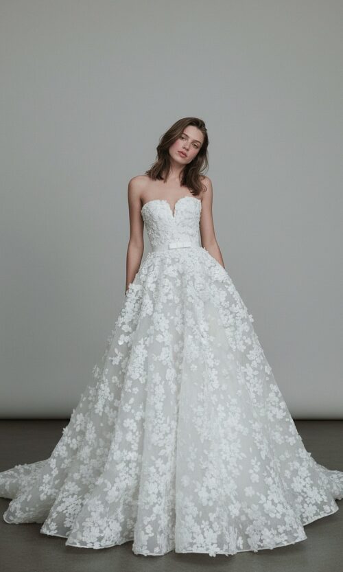 3D Floral Appliqué Strapless Ballgown Wedding Dress
