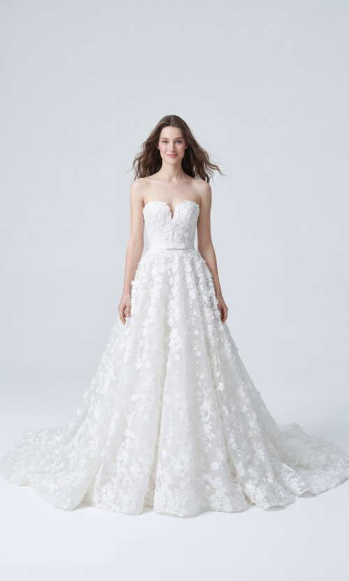 3D Floral Appliqué Strapless Ballgown Wedding Dress