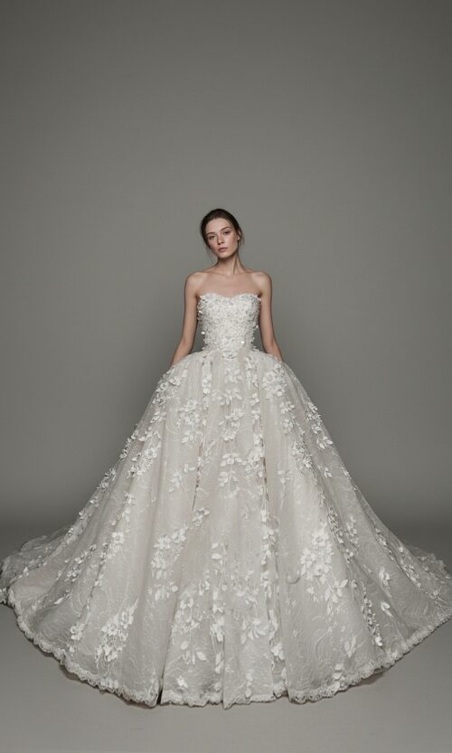 Luxury Floral Lace Strapless Ballgown Wedding Dress