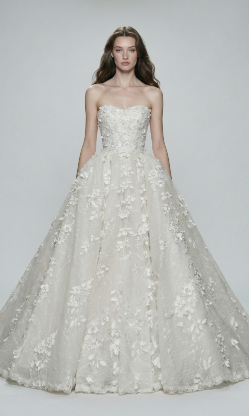 Luxury Floral Lace Strapless Ballgown Wedding Dress