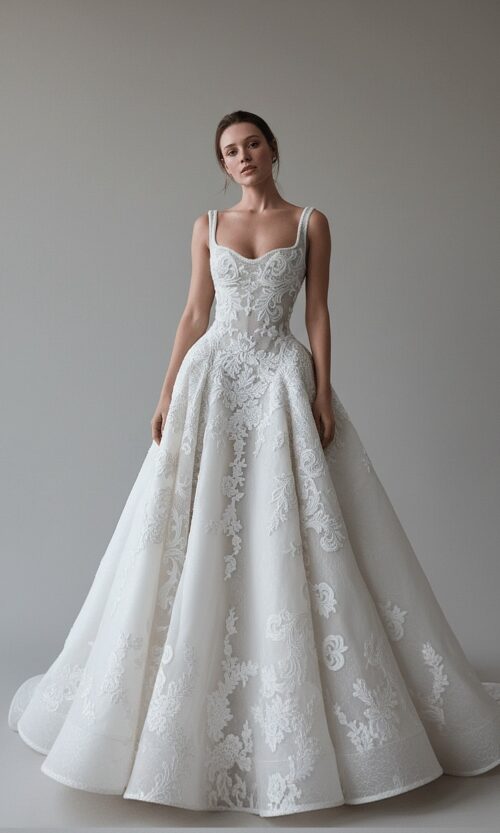 Elegant Embroidered Ballgown Wedding Dress with Straps