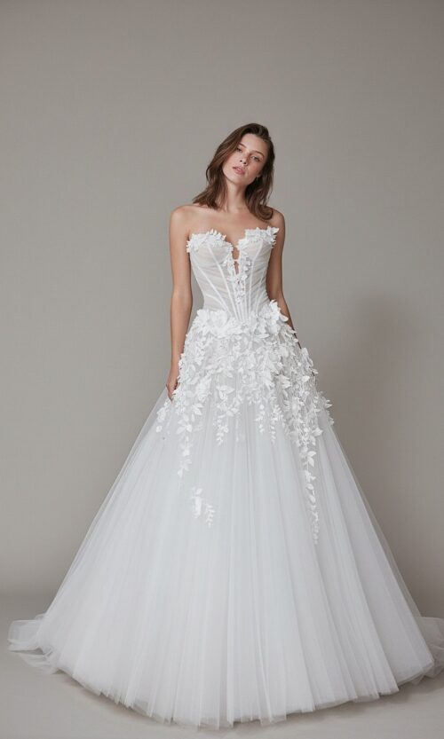 Illusion Corset Floral Appliqué Ballgown Wedding Dress
