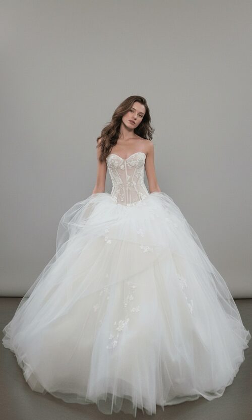 Sheer Corset Tulle Ballgown with Floral Accents