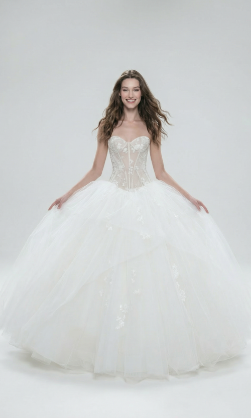 Sheer Corset Tulle Ballgown with Floral Accents