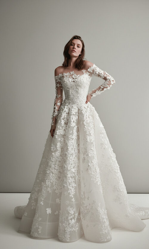 Off Shoulder 3D Floral Lace Ballgown with Long Sleeves