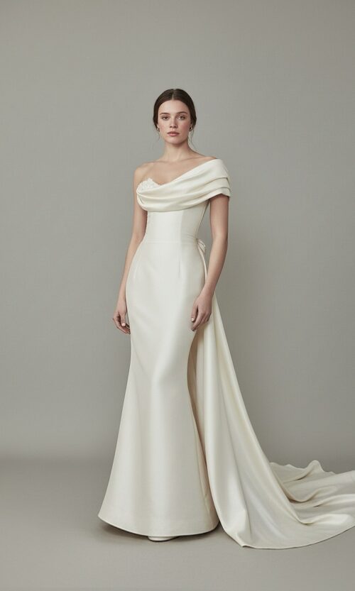 Draped One Shoulder Satin Bridal Gown
