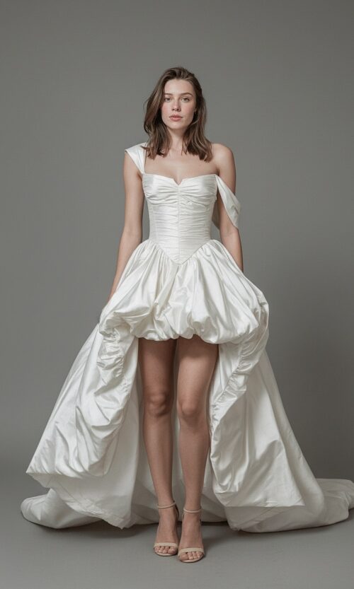 Draped Bubble Skirt High Low Couture Bridal Gown