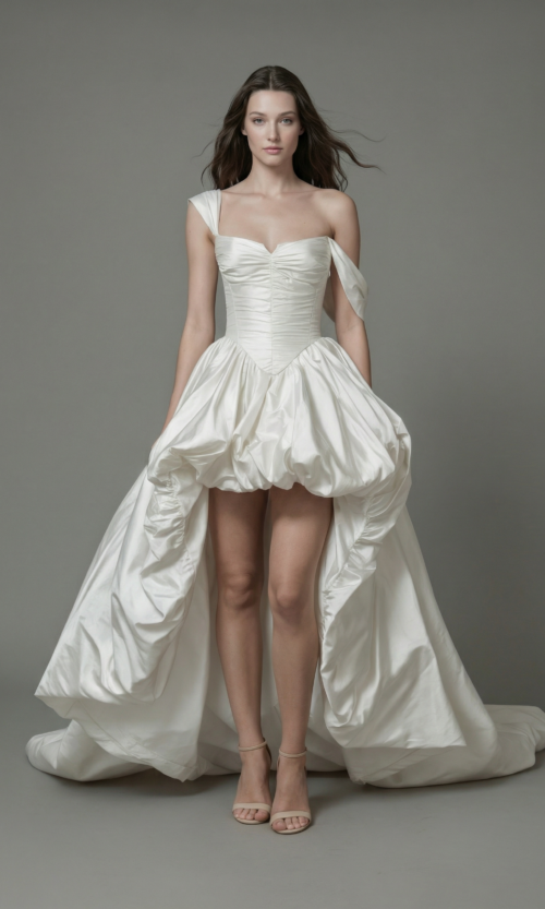 Draped Bubble Skirt High Low Couture Bridal Gown