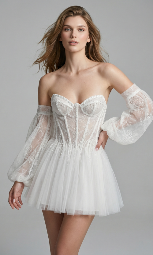 Sheer Corset Mini Dress with Romantic Puff Sleeves