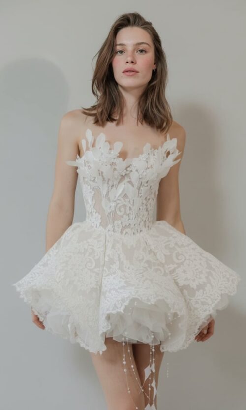 Feathered Lace Couture Mini Dress