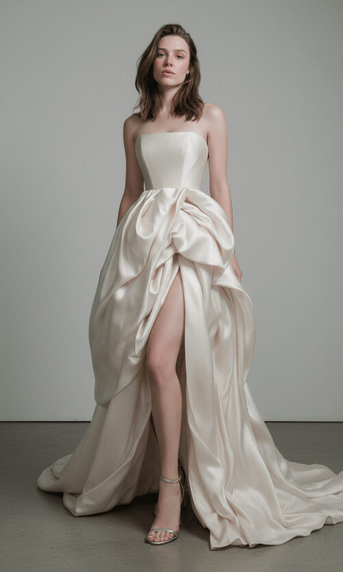 Sculpted Satin Strapless High Slit Gown