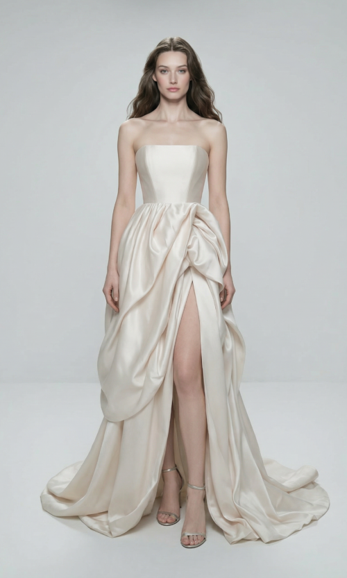 Sculpted Satin Strapless High Slit Gown