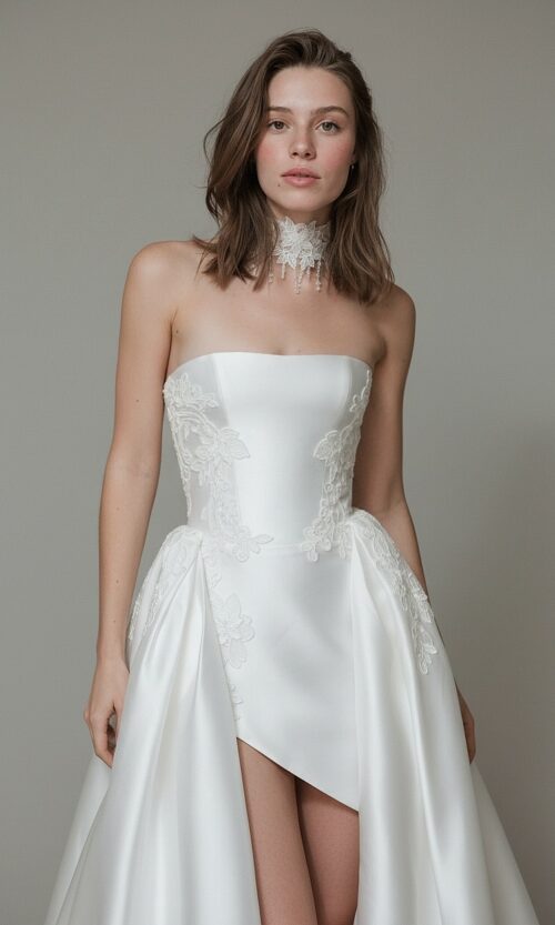 Strapless Embroidered Corset High Slit Bridal Gown