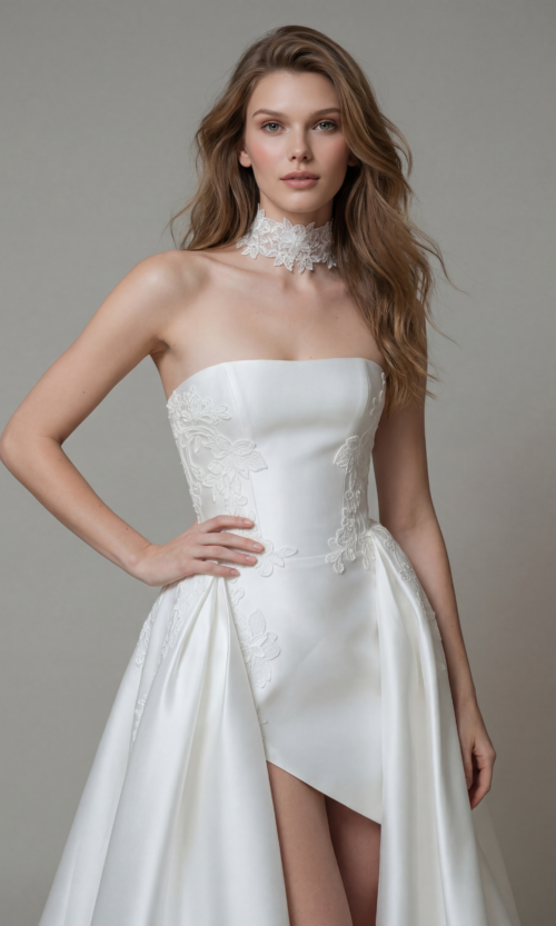 Strapless Embroidered Corset High Slit Bridal Gown