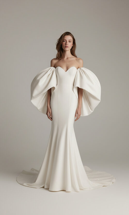 Sculpted Off-Shoulder Gown with Dramatic Statement Sleeves