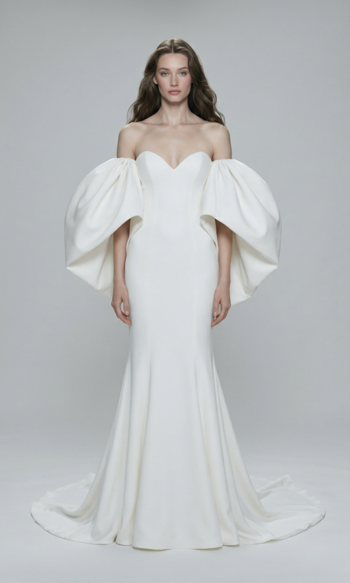 Sculpted Off Shoulder Gown with Dramatic Statement Sleeves