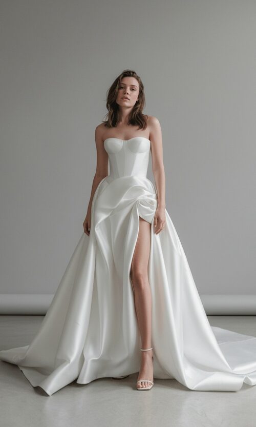 Structured Corset Gown with High Slit and Sculpted Skirt