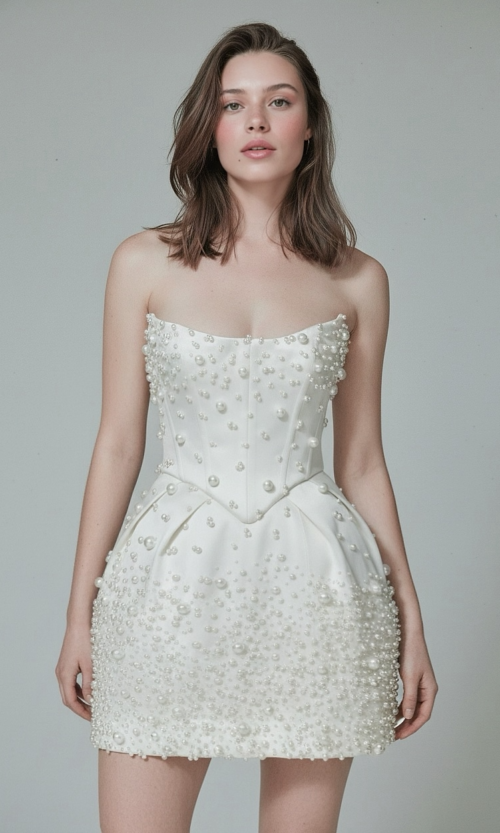 Pearl-Embellished Strapless Corset Mini Dress