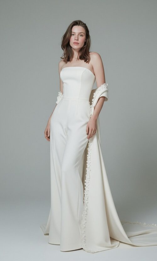 Strapless Bridal Jumpsuit with Floral Trimmed Train