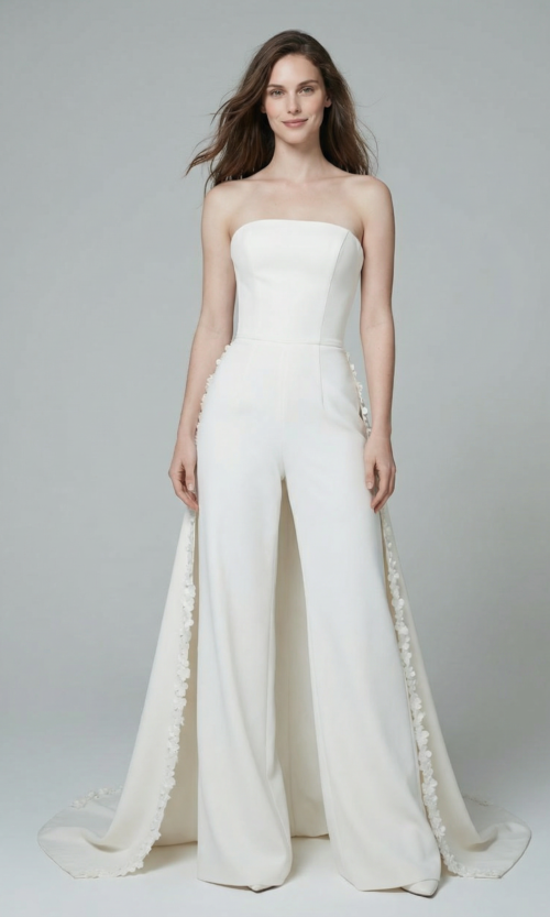 Strapless Bridal Jumpsuit with Floral Trimmed Train