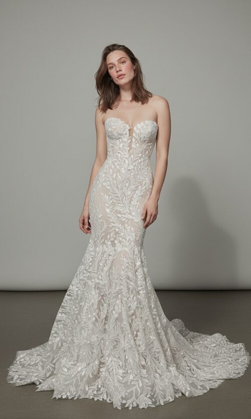 Illusion Leaf Lace Strapless Mermaid Bridal Gown