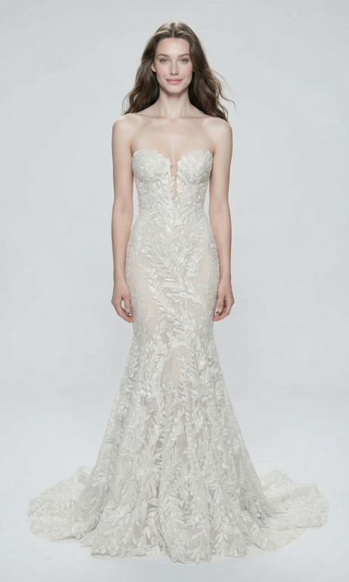 Illusion Leaf Lace Strapless Mermaid Bridal Gown