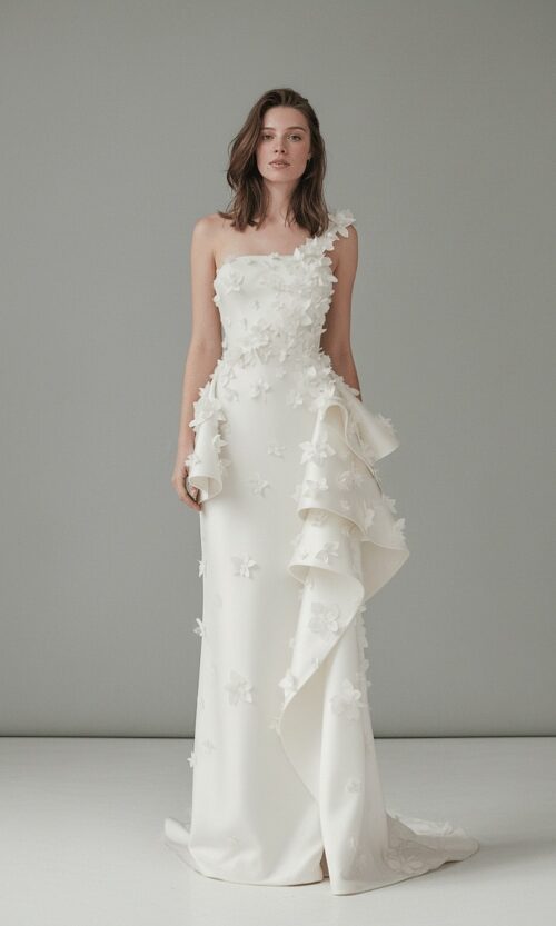 Asymmetric Floral Appliqué Sculpted Bridal Gown