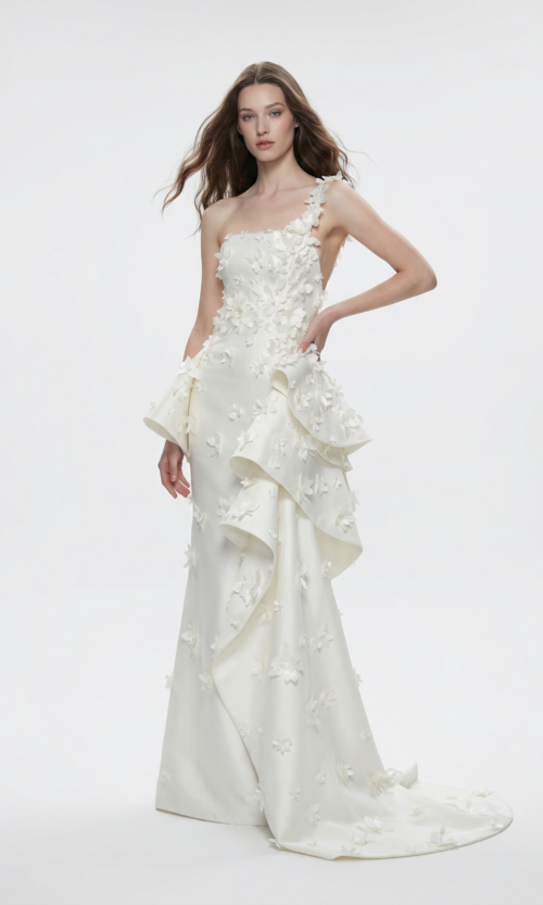 Asymmetric Floral Appliqué Sculpted Bridal Gown