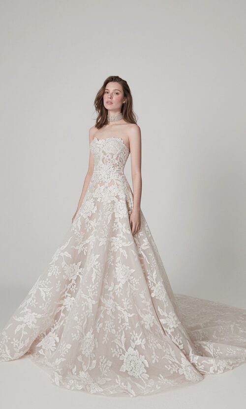 Floral Lace Strapless Ball Gown