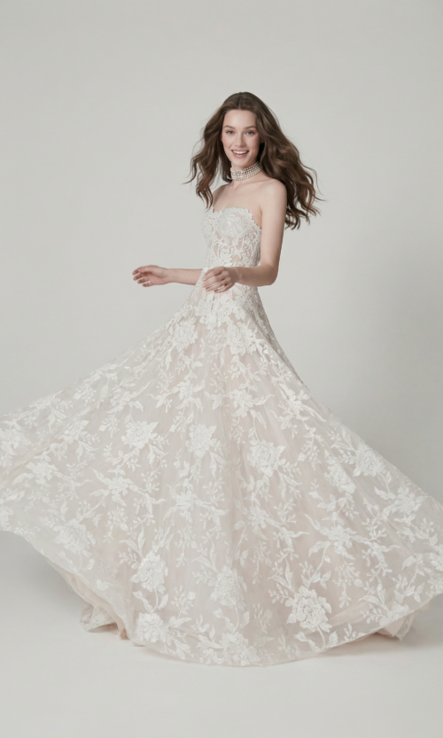 Floral Lace Strapless Ball Gown