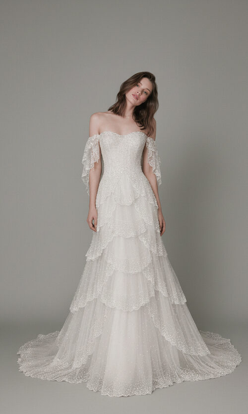 Celestial Tiered Off-Shoulder Handembellished Bridal Gown