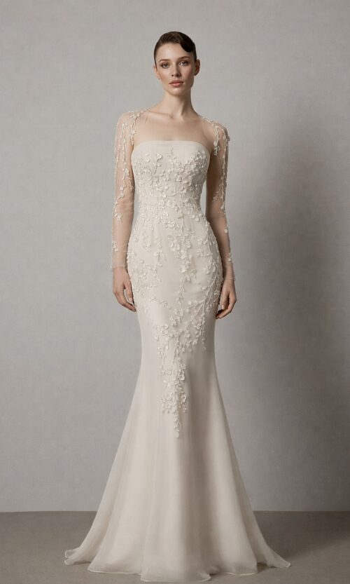 Blossom Illusion Long Sleeve Mermaid Gown