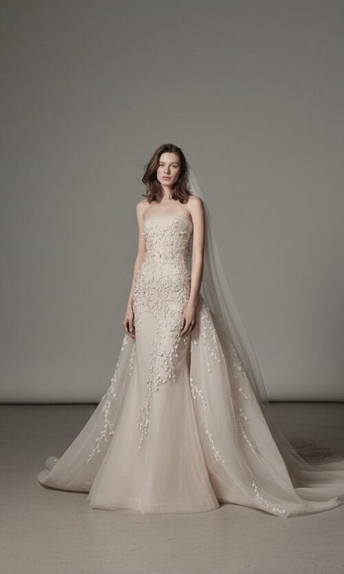 Strapless Floral Embellished Tulle Bridal Gown