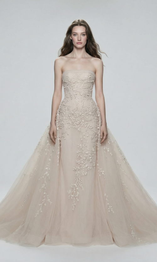 Strapless Floral Embellished Tulle Bridal Gown
