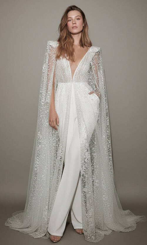 Embroidered Tulle Cape Over Bridal Jumpsuit