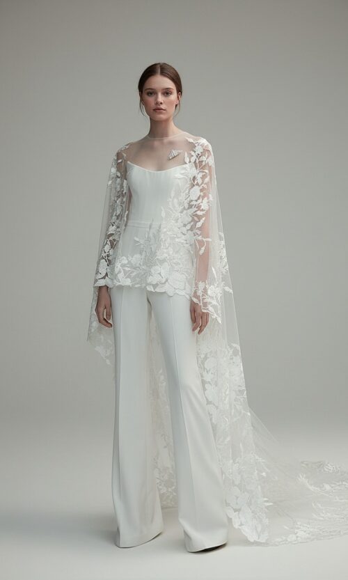 Floral Lace Cape Bridal Jumpsuit