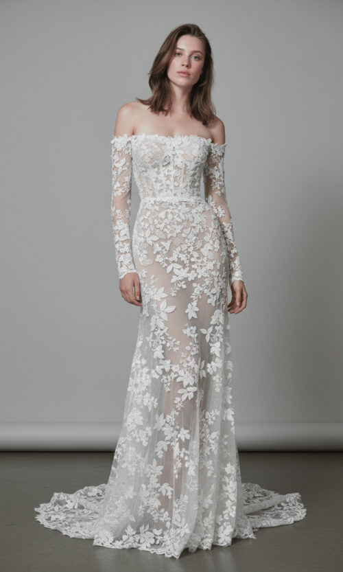 Ethereal Off-Shoulder Floral Lace Gown