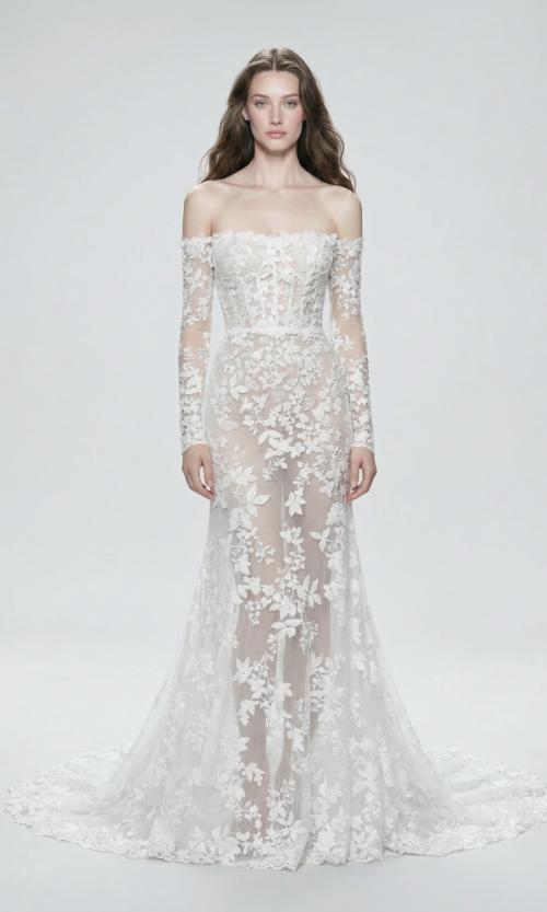 Ethereal Off-Shoulder Floral Lace Gown