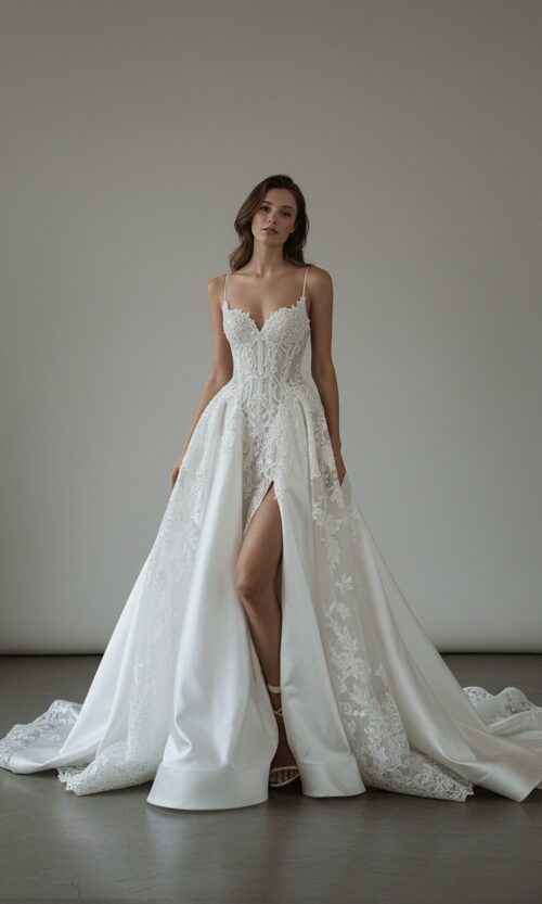 Lace Corset A-Line Gown with High Slit