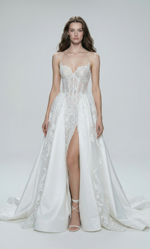 Lace Corset A-Line Gown with High Slit