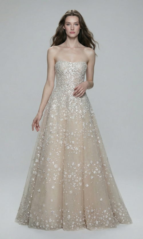 Strapless Champagne Nude Floral Hand Embellished Wedding Dress