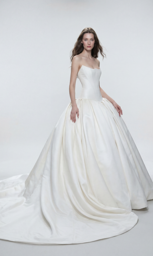 Ivory Strapless Corset Satin Wedding Dress with Voluminous Skirt