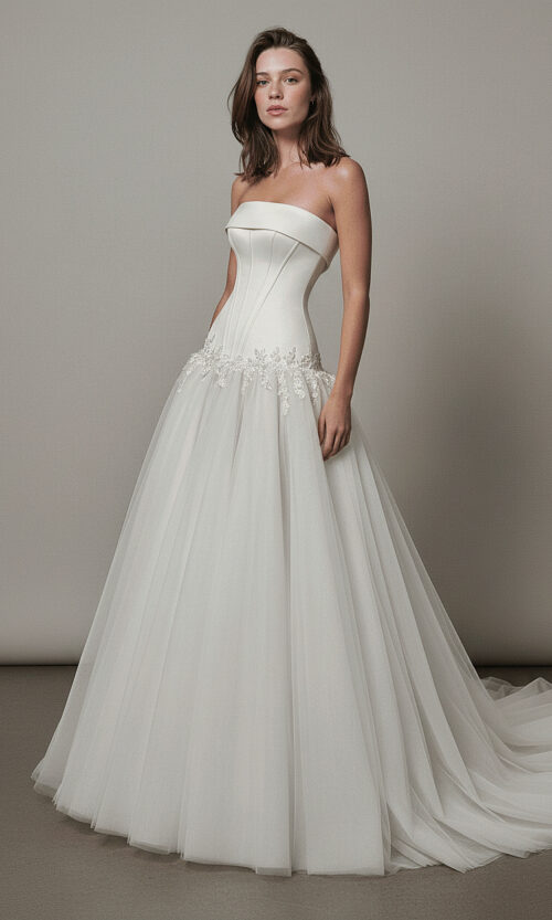 Strapless Corset Tulle Bridal Dress with Floral Details