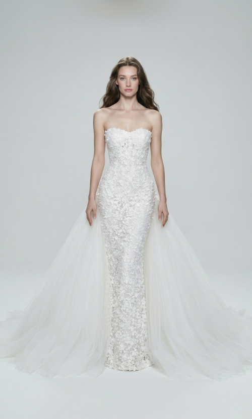 Strapless Floral Embellished Straight Cut Bridal Dress with Dramatic Back Tulle