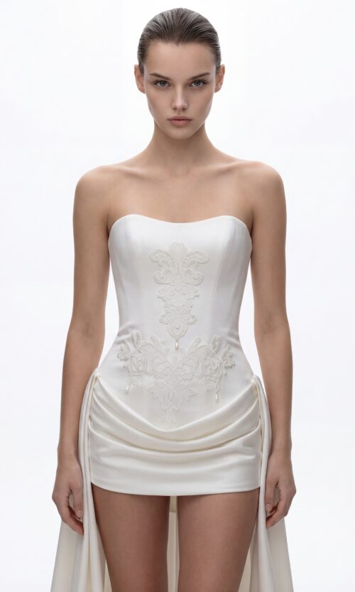 Strapless Embroidered Corset Mini Dress with Draped Panels