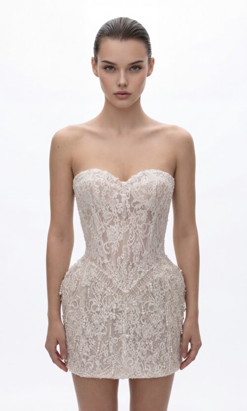 Strapless Lace Corset Mini Dress with Pearl Embellishment
