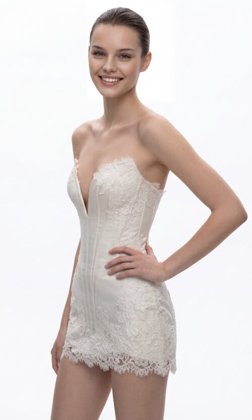 Ivory Lace Corset Mini Dress with Deep V Strapless Cut