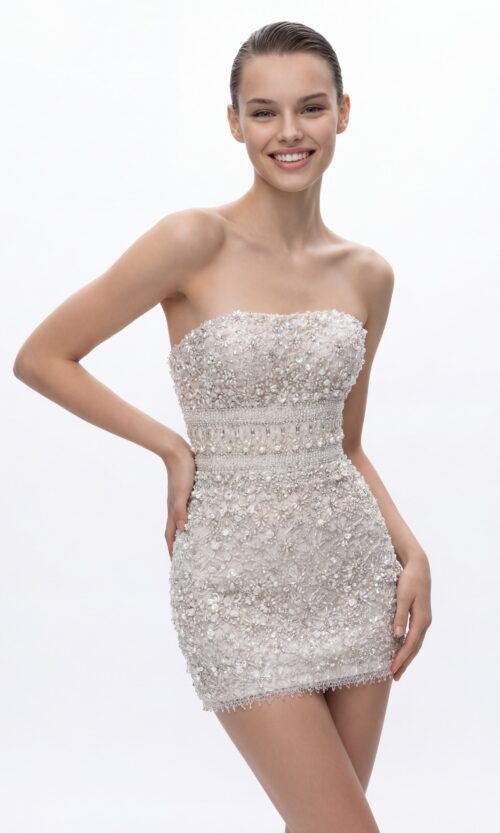 Strapless Fully Embellished Mini Dress with Crystal Texture